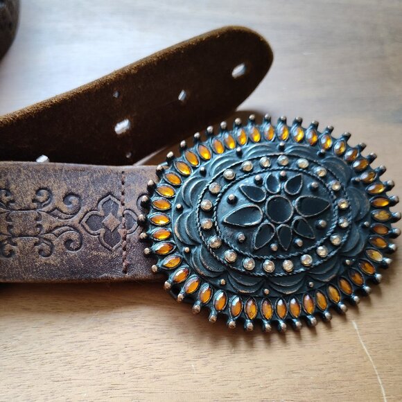 Tooled Leather Western Boho Style Belt • 40” - Picture 1 of 7
